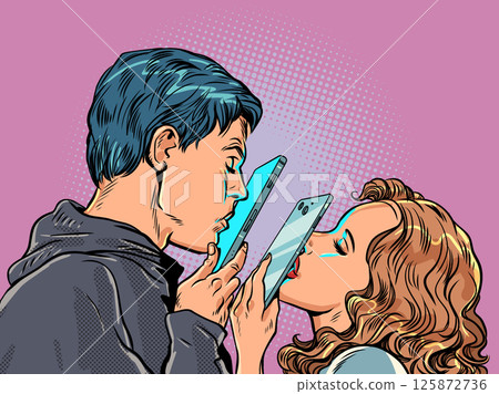 Man and woman kissing through phone screens. Long distance love. Dating app. 125872736