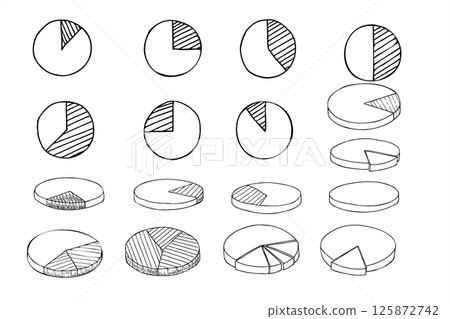 Hand drawn set of pie charts with segmented sections in different proportions vector isolated illustration. Business data distribution with slices painted in black ink. For infographic, presentation 125872742