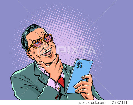 Pop Art Retro Man in suit reacts with evil smile on phone. Business success. Evil boss chief writes message. 125873111