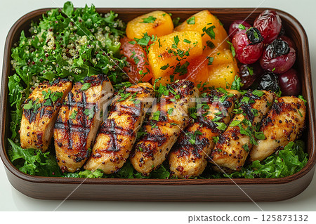 Packed office lunch box with quinoa salad, grilled chicken, mixed greens and fruit. Packed office lunch box with quinoa salad, grilled chicken, mixed greens and fruit. 125873132
