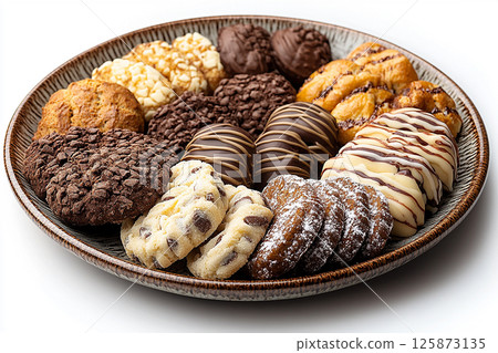 Variety of bakes and cookies in ceramic plate on a white background. 125873135