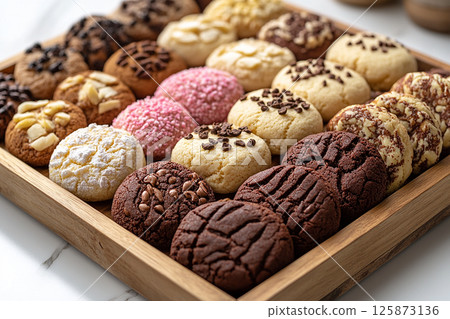 Variety of bakes and cookies in on a wooden trading tray on a white background. Variety of bakes and cookies in on a wooden trading tray on a white background. 125873136