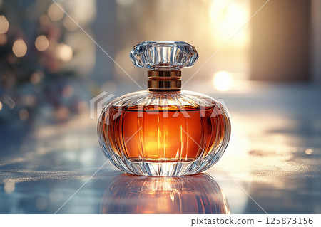 Perfume bottle with glossy on its glass surface, conveying elegance and sophistication. Ideal for high-end perfume advertisements. 125873156