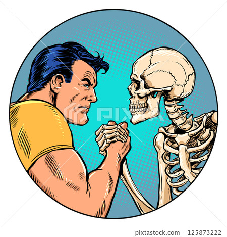 Pop Art Retro Death and man fight each other. Arm wrestling between opposites. Taking care of your health and body limits. Pop Art Retro Death and man fight each other. Arm wrestling between opposites. Taking care of your health and body limits. 125873222