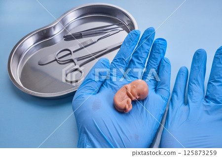 Symbol of child abortion and termination of pregnancy. Medical Tools and Model. 125873259