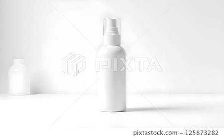 Minimalist cosmetic product mockup, white background, glass bottle, soft shadows, clean branding design 125873282