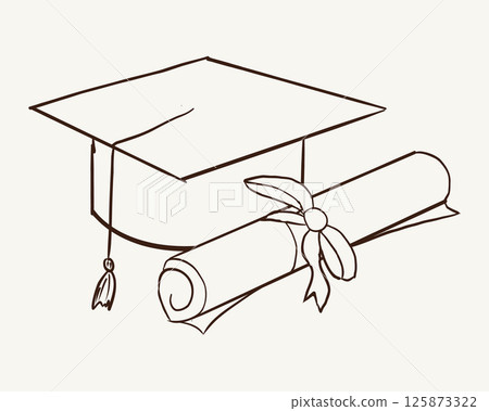 Graduation hat doodle line. University Cap of graduate and certificate degree hand drawn outline. Graduation hats sketch  125873322