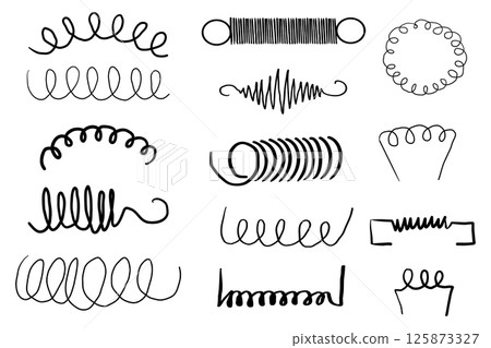 Spiral metal coil wire doodle hand drawn bounce steel curve line spring. Set vape metallic flexible coils. Steel motor spiral  125873327