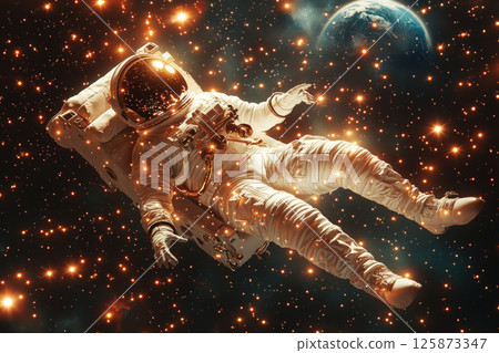 A retro 1950s-style pin-up poster featuring an astronaut floating in zero gravity, Earth and bright stars creating a striking cosmic backdrop A retro 1950s-style pin-up poster featuring an astronaut floating in zero gravity, Earth and bright stars creating a striking cosmic backdrop 125873347