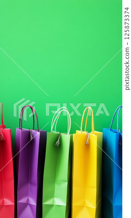 A collection of colorful shopping bags against a vibrant green background, offering a fresh and eye-catching design perfect for retail marketing, fashion advertising, or flyers A collection of colorful shopping bags against a vibrant green background, offering a fresh and eye-catching design perfect for retail marketing, fashion advertising, or flyers 125873374