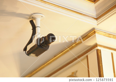 Surveillance camera installed on ceiling in a decorated interior Surveillance camera installed on ceiling in a decorated interior 125873591