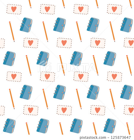 Journalling seamless pattern with notebook and pencil. 125873647