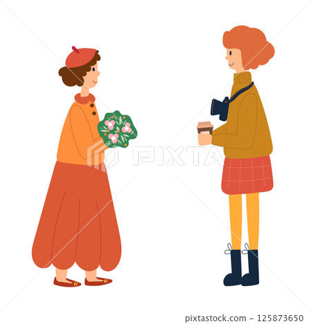 Photographer character with model. Cute hand drawn characters. Female persons. Photographer character with model. Cute hand drawn characters. Female persons. 125873650