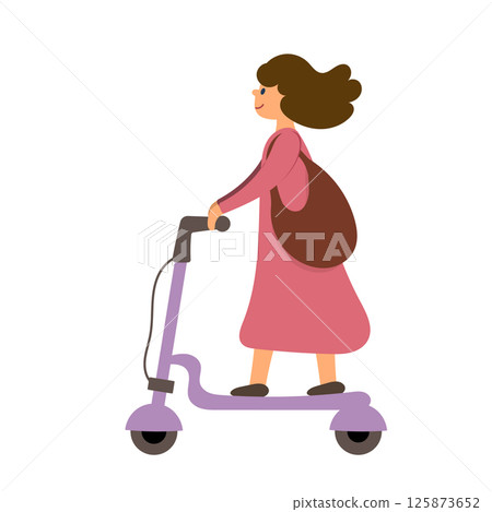 Women in pink dress riding the electric scooter. Purple electric scooter. Women with bag on scooter. 125873652
