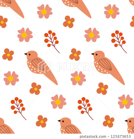 Beautiful bird seamless pattern with berries. Retro style seamless pattern. Beautiful bird seamless pattern with berries. Retro style seamless pattern. 125873653