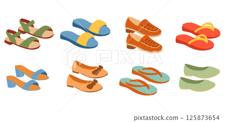 Set of trendy summer shoes. Colorful women shoes set. 125873654