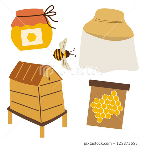 Beekeeping elements set with hat, honey jar and bee. 125873655