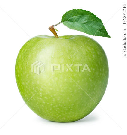 Fresh green apple with green leaf on white background. Clipping path. Fresh green apple with green leaf on white background. Clipping path. 125873716