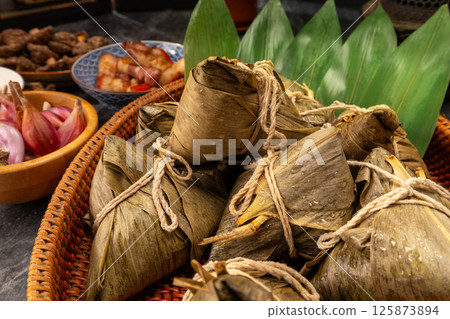 Traditional rice dumplings with various fillings prepared for the Dragon Boat Festival 125873894