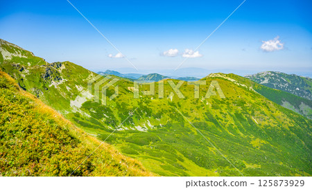 Hikers traverse vibrant green hills in the Western Tatras of Slovakia on a sunny day, enjoying breathtaking views and the serenity of nature amidst towering peaks and clear skies. 125873929