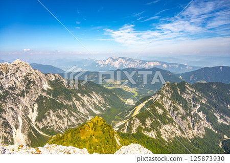 A stunning panoramic view from the Julian Alps showcases lush valleys, rugged mountain peaks, and a clear blue sky on a sunny day, highlighting the beauty of Slovenia's natural landscape. 125873930