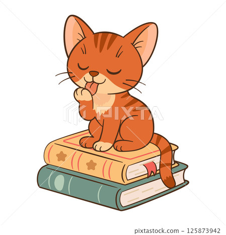 Cute orange tabby kitten sits on books stack and licks paw. Chibi Cat Flat style Cute orange tabby kitten sits on books stack and licks paw. Chibi Cat Flat style 125873942
