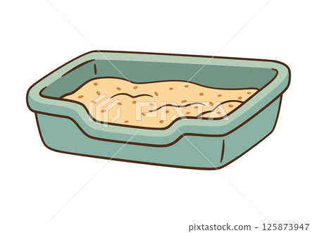 Vector cat litter box with cat filler. Hand drawn flat design. Pet store product Vector cat litter box with cat filler. Hand drawn flat design. Pet store product 125873947