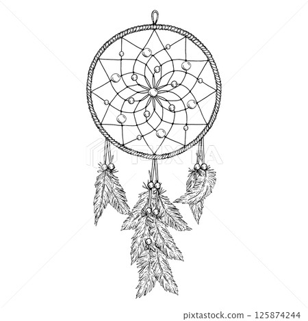 Vector illustration of a detailed dreamcatcher with spiral web, beads, and hanging feathers. Hand-drawn in ink line art style. Perfect for boho designs, spiritual products, crafts, and decor. Vector illustration of a detailed dreamcatcher with spiral web, beads, and hanging feathers. Hand-drawn in ink line art style. Perfect for boho designs, spiritual products, crafts, and decor. 125874244