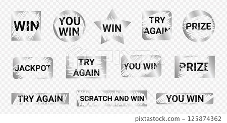 Lottery ticket text design kit - scratched numbers words silver foil decor. Jackpot luck slogans distressed ink splatter. Shiny metallic peeling paint vector shapes. 125874362