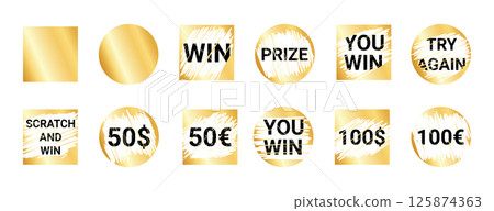 Card lottery winning text pack - scratched gold foil distressed stamp silhouettes. Lucky chance slogans grainy smeared badges. Promotional special offer retro round stencils. 125874363