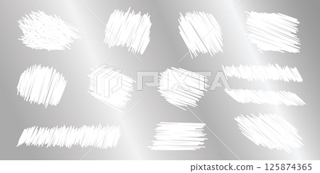 Lottery card scratch on silver shiny metal background - smeared charcoal fuzzy dabs scuff scribble. Grimy granular border stains scrapbook stamps. Wrinkled smudged irregular graffiti urban overlay. 125874365