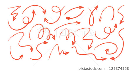 Red pencil arrow doodles set - hand drawn swirls, curved lines, chaotic pointers. Chalk sketches, artistic design elements pack. Grunge style marker scribbles, crayon strokes outline drawings. Red pencil arrow doodles set - hand drawn swirls, curved lines, chaotic pointers. Chalk sketches, artistic design elements pack. Grunge style marker scribbles, crayon strokes outline drawings. 125874368