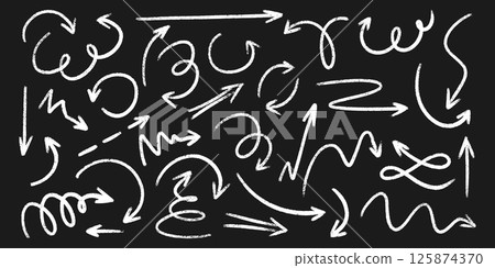 Chalk crayon arrows collection - hand sketched white doodle swirls, curved lines, pointers on blackboard. Chaotic artistic scribbles. Grunge style pencil strokes, marker outline drawings vector set. 125874370
