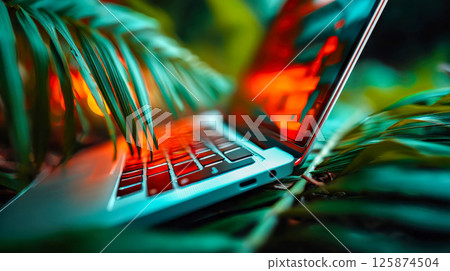 Close-up of a laptop partially hidden by vibrant green jungle leaves, symbolizing the blend of technology and nature in a tropical setting 125874504