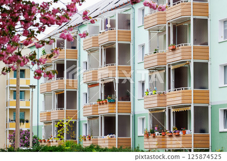 German old renovated apartment building house facade with wooden decorated balconies and potted flowers. Cherry pink blossoms tree springtime residential area. Real estate market and insurance German old renovated apartment building house facade with wooden decorated balconies and potted flowers. Cherry pink blossoms tree springtime residential area. Real estate market and insurance 125874525