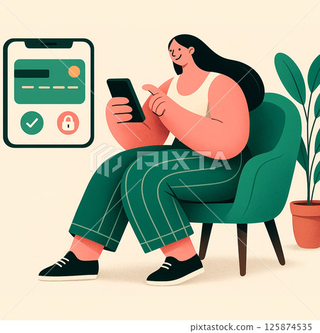 A woman uses her phone for secure online payment, reflecting digital ease and confidence in modern technology. Generated AI. 125874535