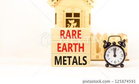 Rare earth metals symbol. Concept words Rare earth metals on beautiful wooden block. Black alarm clock. Beautiful white background. Business and rare earth metals concept. Copy space. 125874591