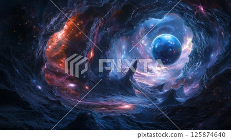 A fantastic space with swirling planets 125874640
