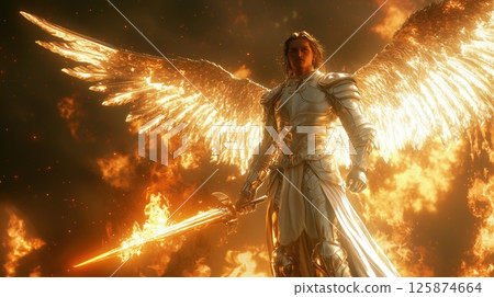 身穿銀色盔甲的戰士天使站在火焰中 身穿銀色盔甲的戰士天使站在火焰中 125874664
