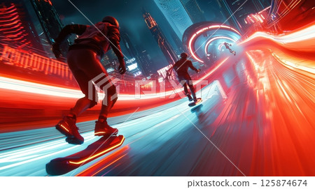High-speed hover race in a futuristic city 125874674