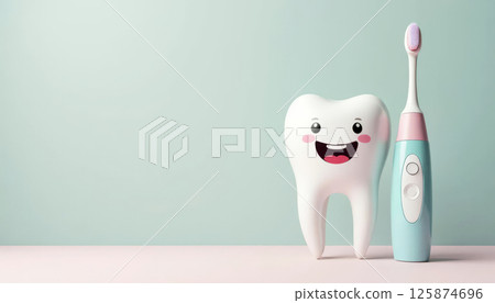 Happy tooth with electric toothbrush on pastel background. Dental care and hygiene for kids. 125874696