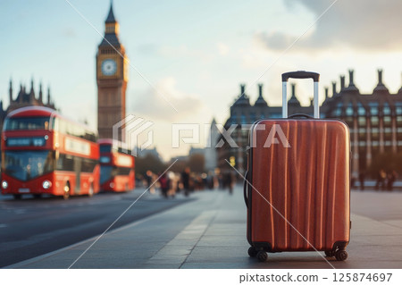 Travel suitcase on the street against the background of Big Ben and red buses in London. Urban tourism. 125874697
