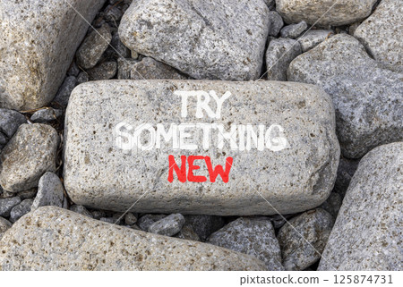 Try something new symbol. Concept words Try something new on beautiful grey stone. Beautiful grey mountain stone background. Business motivational lifestyle try something new concept. Copy space. 125874731