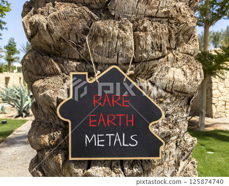 Rare earth metals symbol. Concept words Rare earth metals on beautiful black blackboard. Beautiful palm tree background. Business and rare earth metals concept. Copy space. Rare earth metals symbol. Concept words Rare earth metals on beautiful black blackboard. Beautiful palm tree background. Business and rare earth metals concept. Copy space. 125874740