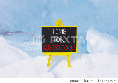 Time for questions symbol. Concept words Time for questions on beautiful black yellow blackboard. Beautiful blue Baikal ice background. Business time for questions concept. Copy space. 125874807