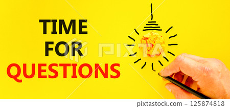 Time for questions symbol. Concept words Time for questions on beautiful yellow paper. Beautiful yellow background. Businessman hand. Light bulb icon. Business time for questions concept. Copy space. Time for questions symbol. Concept words Time for questions on beautiful yellow paper. Beautiful yellow background. Businessman hand. Light bulb icon. Business time for questions concept. Copy space. 125874818