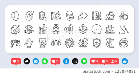 Dont touch, Problem skin and Nasal test line icons pack. Social media: share, comment, like icons. Mint tea, Blood and saliva test, Fahrenheit thermometer web icon. Vector 125874851