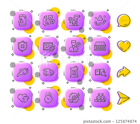 Green energy, Attention and Whistle line icons. App 3d buttons. Social media comment, share, like icons. Pack of Flexible mattress, Valet servant, Truck delivery icon. Vector 125874874