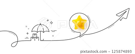 Delivery service line icon. Continuous line with share plane. Package insurance sign. Tracking parcel symbol. 3d star in speech bubble. Delivery service single line ribbon. Loop curve pattern. Vector 125874893