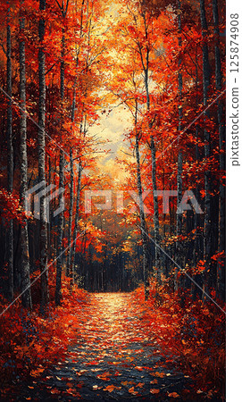 Vivid autumn forest scene with a path leading into a glowing, warm sunlight. 125874908